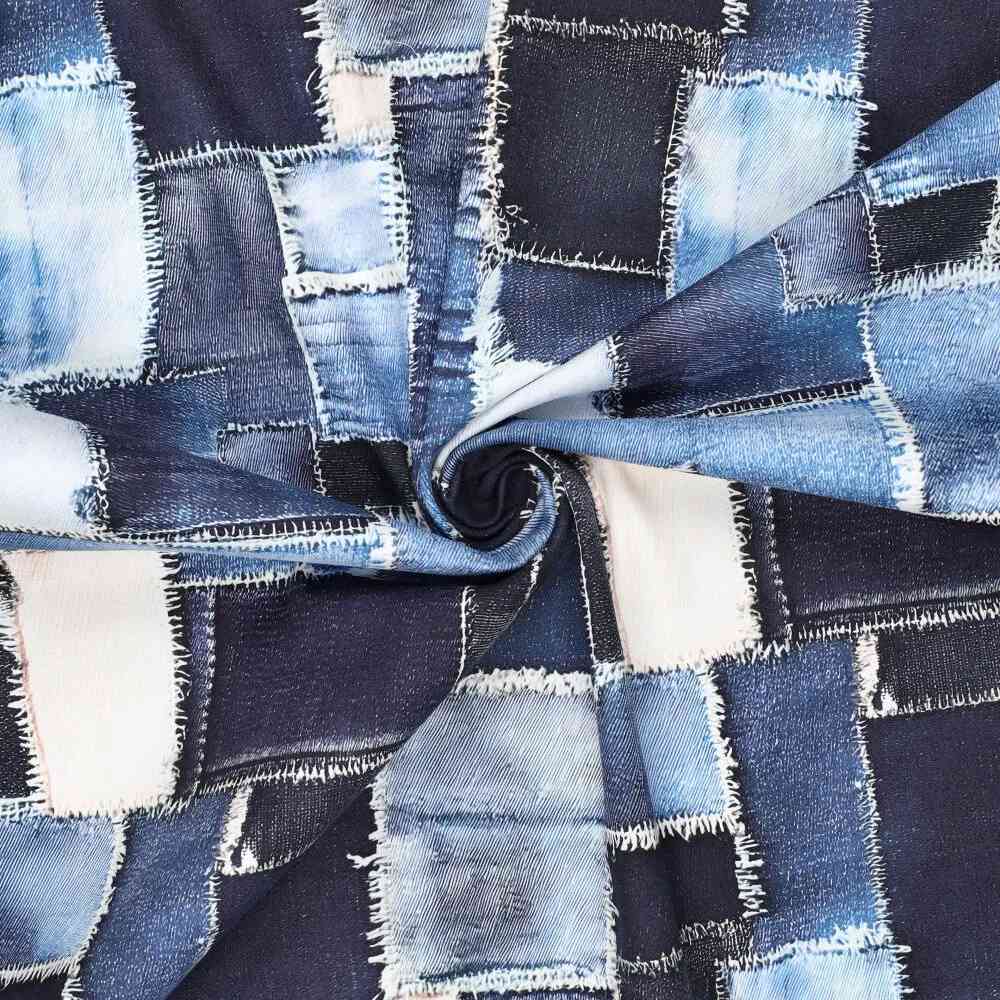 Bomuld twill - denim patchwork print - Billede 3