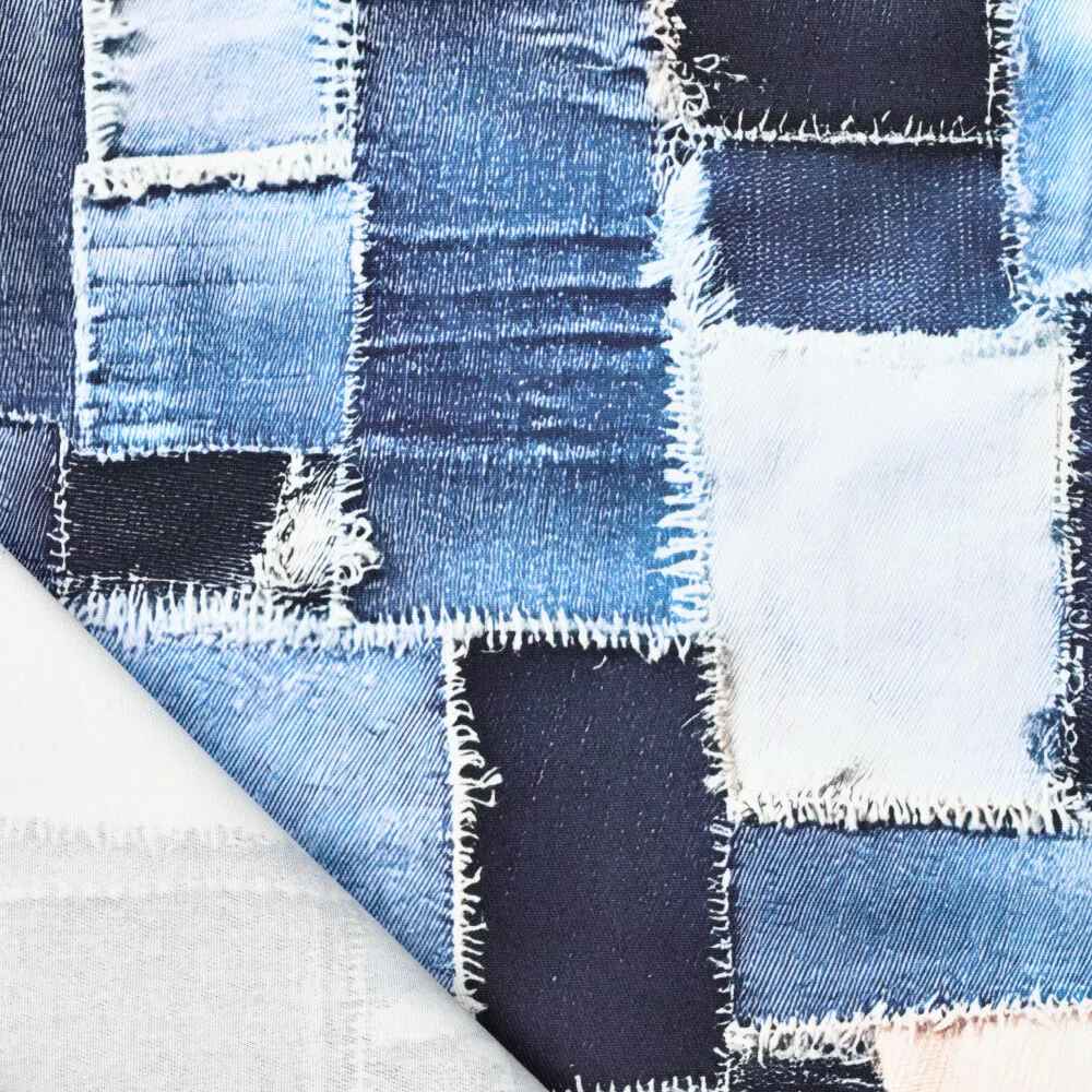 Bomuld twill - denim patchwork print - Billede 2