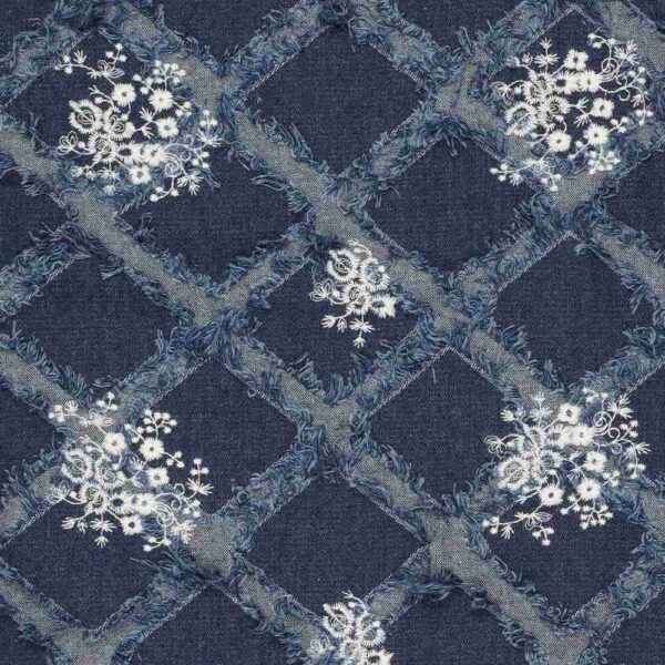 Denim - kvadrater og blomster broderi