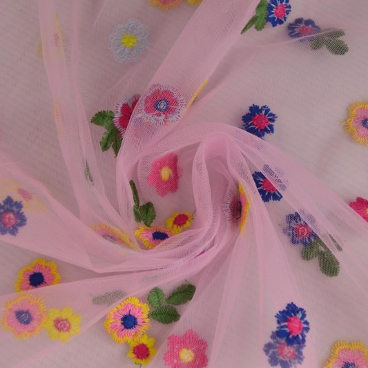 Mesh – lyserød med blomster broderi - Billede 2