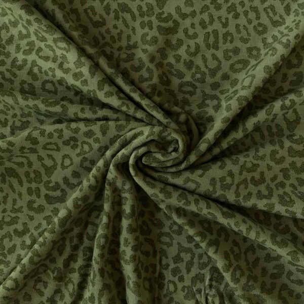 Leopard grøn merinould jersey, blød 1x1 ribstrik