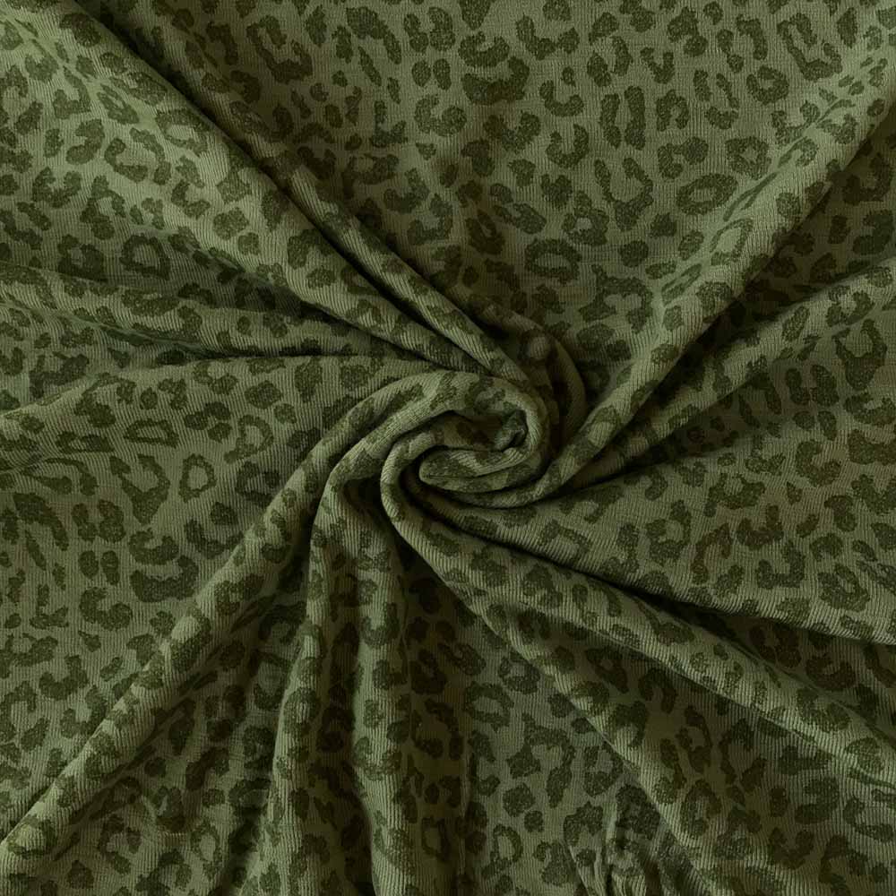 Leopard grøn merinould jersey, blød 1x1 ribstrik