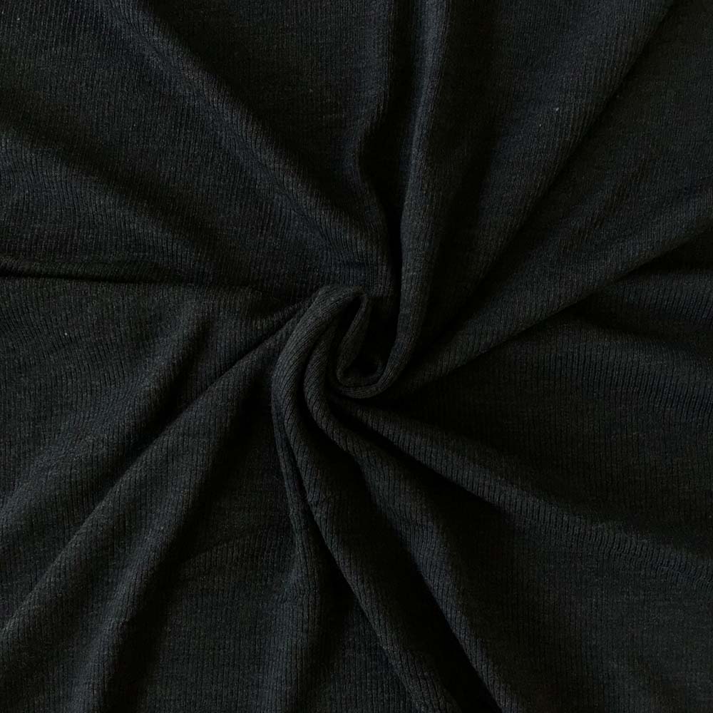 Mørkegrå merinould silke jersey, blød 1x1 ribstrik