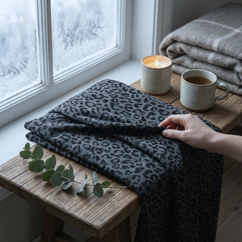 Leopard blå merinould jersey, blød 1x1 ribstrik - Billede 5