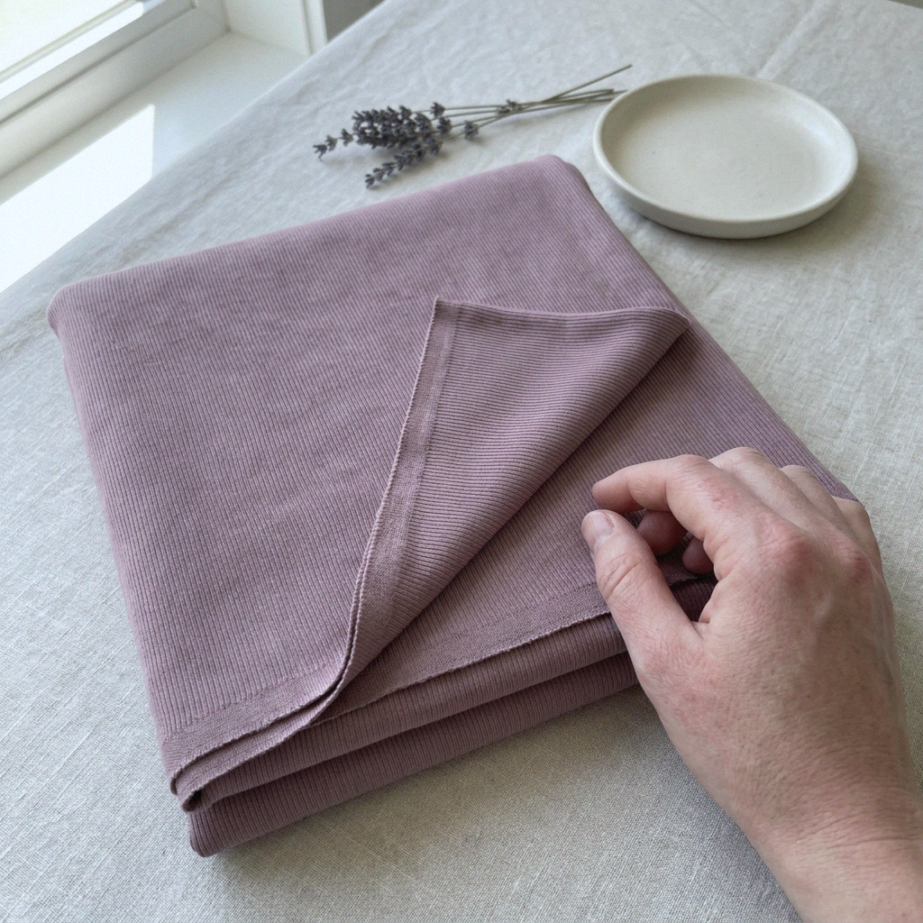 Lavendel merinould silke jersey, blød 1x1 ribstrik - Billede 7
