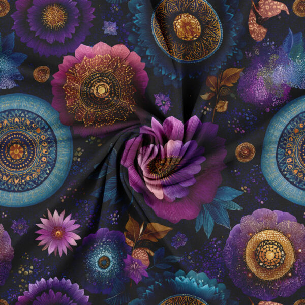Jersey print med lilla blomster og mandalaer