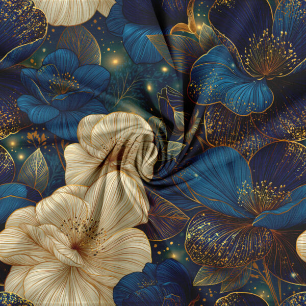 Jersey print med hvide blomster på petrol