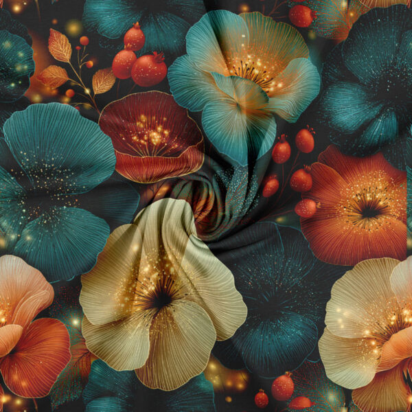 Jersey print med petrol og orange blomster