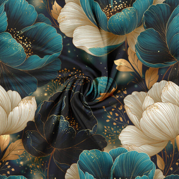 Jersey print med creme og petrol blomster