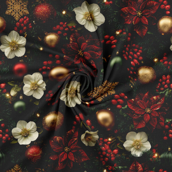 Jersey print med hvide blomster og julekugler