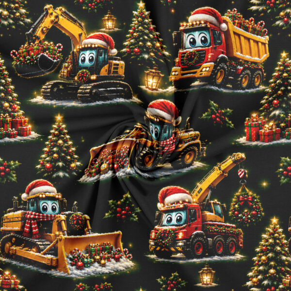 Jersey print med julemaskiner på grøn bund