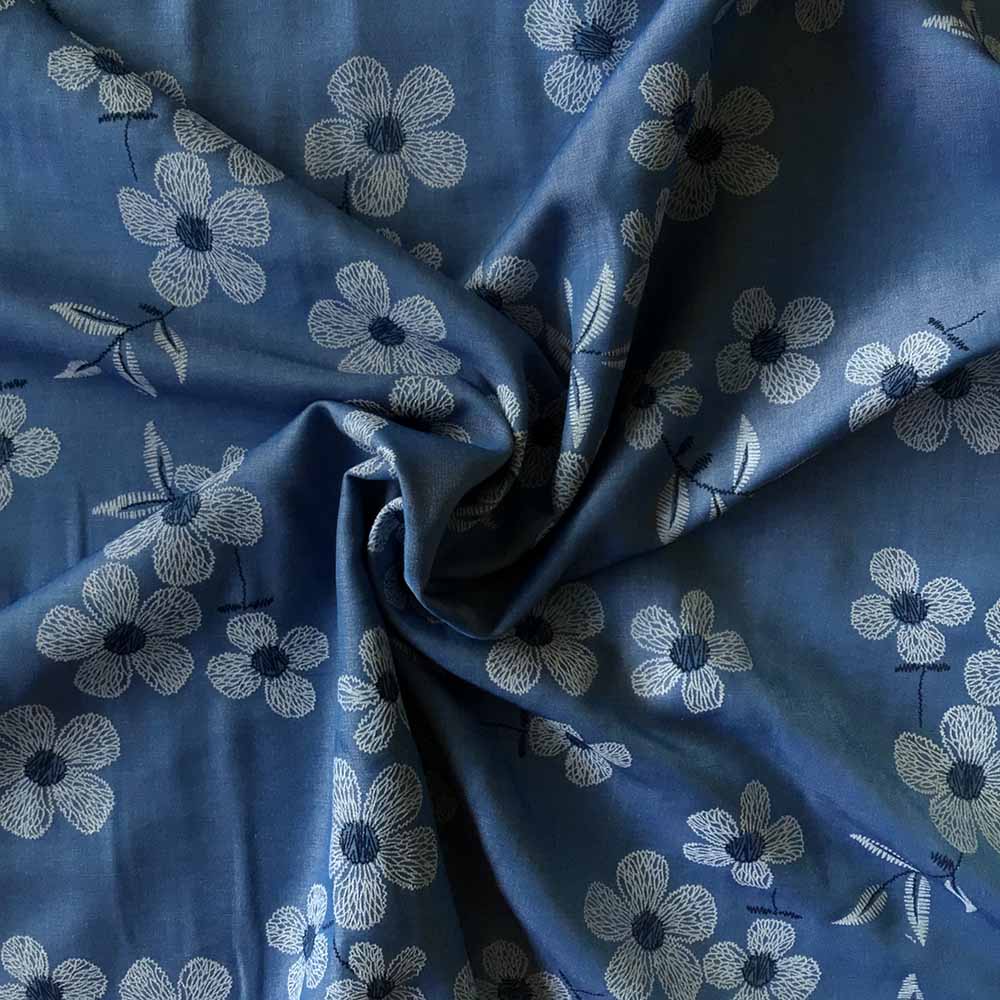 Chambray med blomsterprint - jeans - Billede 2
