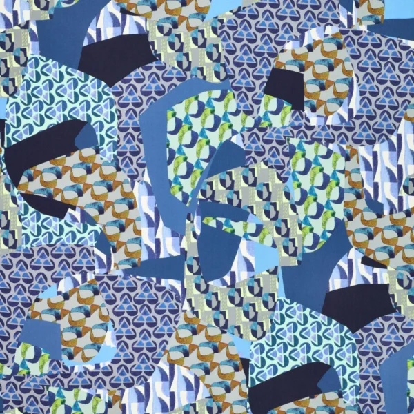 Viscose med geometrisk patchwork – blå