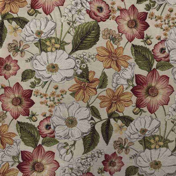 Gobelin med store hvide, gule og røde blomster