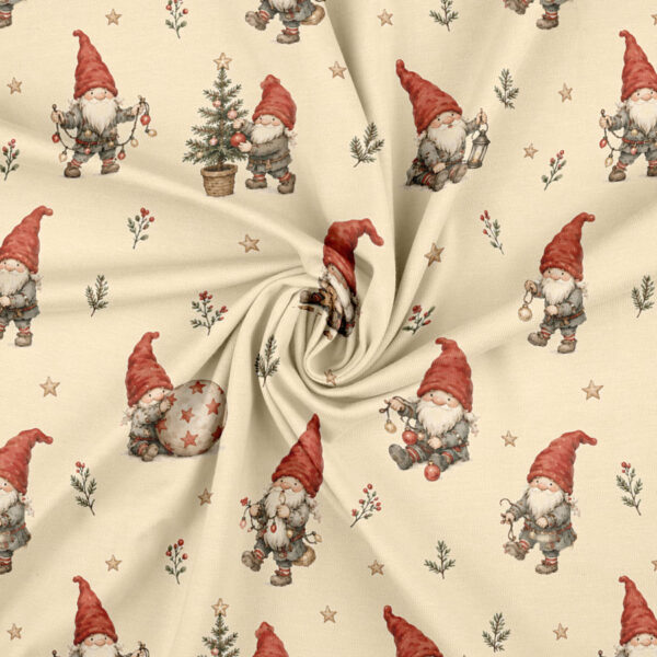 Jersey print med nisser og lanterner på creme