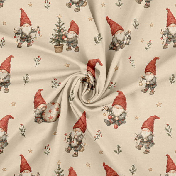 Jersey print med nisser og lanterner på taupe