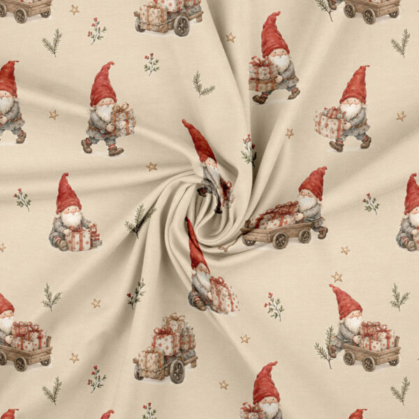 Jersey print med nisser og gavevogn på taupe