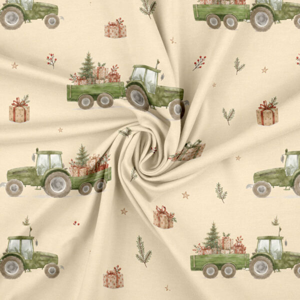 Jersey print med traktorer og juletræer på creme