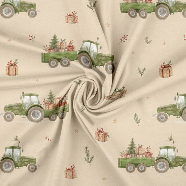 Jersey print med traktorer og juletræer på taupe