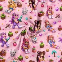 Jersey print med pixelpiger og blomster på rosa bund