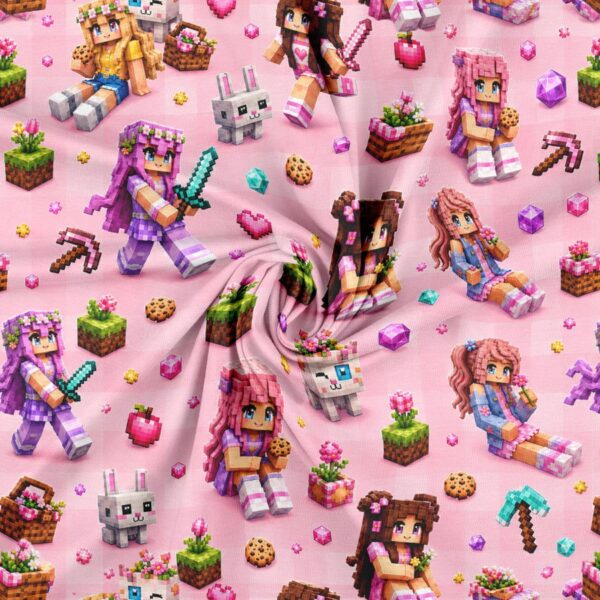 Jersey print med pixelpiger og blomster på rosa bund