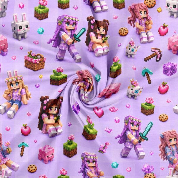 Jersey print med pixelpiger på lavendel ternet bund