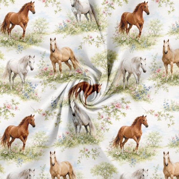 Jersey print med heste og markblomster på hvid