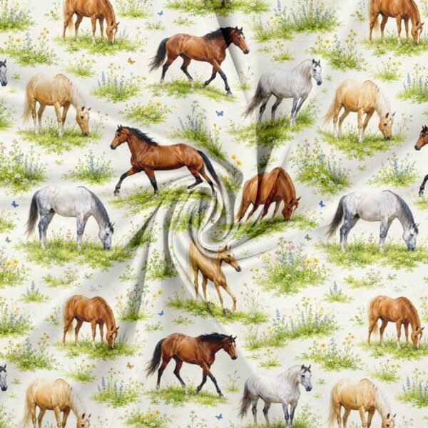 Jersey print med heste og sommerfugle på hvid eng