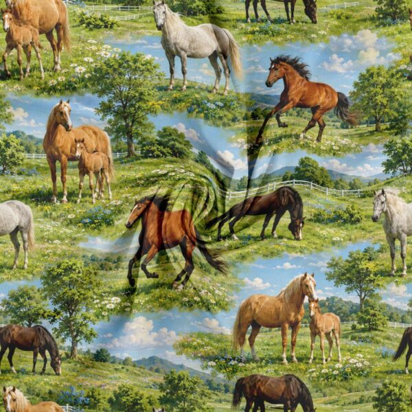Jersey print med hopper og føl på græsmark
