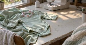 Mintgrøn babybody med en hvid ribkant, der er sat fast med clips ved halsen og endnu ikke syet på. Den ligger på et hvidmalet bord i lavt sollys.