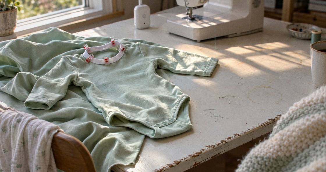 Mintgrøn babybody med en hvid ribkant, der er sat fast med clips ved halsen og endnu ikke syet på. Den ligger på et hvidmalet bord i lavt sollys.