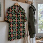 Skjorte syet af Retro diamanter i orange og grøn (AI-illustration)