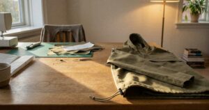 Halvfærdig anorak i khakigrøn twill med hætte og snøre forneden på et egetræsbord i lavt sollys. Ærmet er holdt med clips, og tilskårne dele ligger på en skæremåtte ved symaskinen.